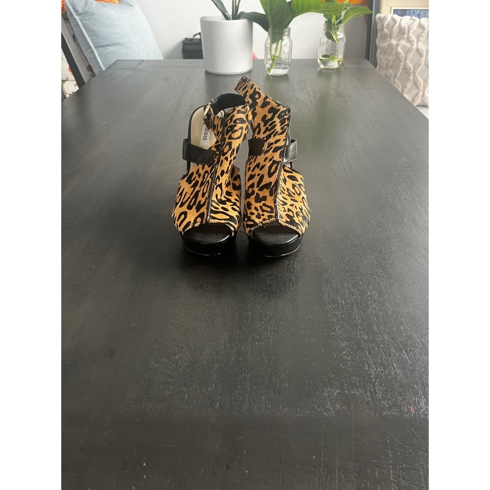 Guess Leopard Print Calf Hair Platform Stiletto Sandals Peep Toe Slingback - Picture 5 of 15